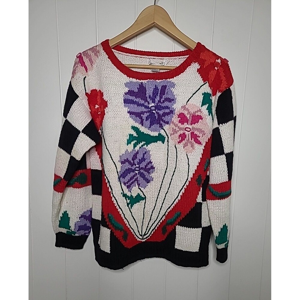 Vintage Knitted by Hand Sweater Womens Size Large Floral Cottagecore Boho